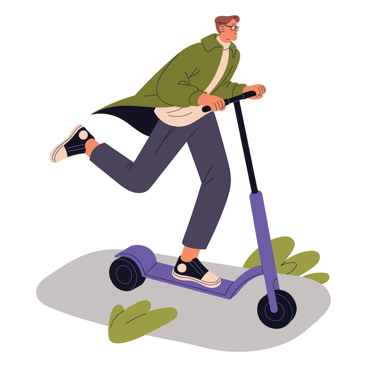 Vecteur jeune homme à cheval sur un scooter à coups rapides un gars actif conduit un transport écologique urbain véhicule vert pour la ville activité d'été dans le parc le week-end vacances illustration vectorielle isolée à plat sur blanc