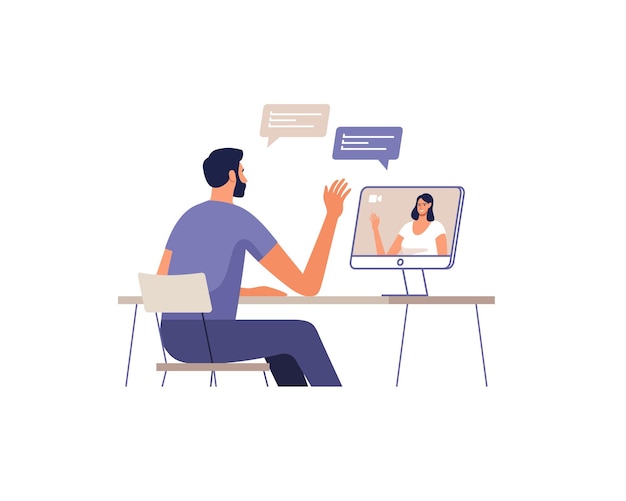 Jeune homme communique en ligne à l'aide d'un ordinateur. Femme sur l'écran des appareils. Concept de communication à distance de réunion en ligne, de rencontres, d'appel et de vidéo.