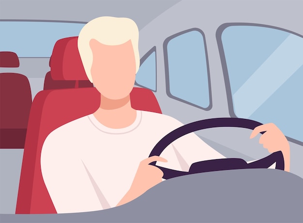 Jeune Homme Conduisant Une Voiture Vue De L'intérieur Caractère De Conducteur Masculin Tenant Les Mains Sur Un Volant Illustration Vectorielle