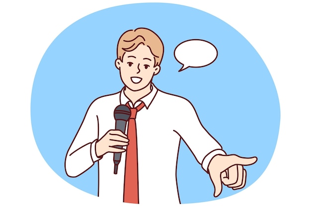 Jeune homme confiant avec un microphone prononce un discours devant le public Souriant orateur masculin ou entraîneur