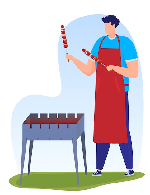 Un Jeune Homme Cuisine Des Vacances De Barbecue De Viande Dans L'illustration Vectorielle De La Nature Sur Fond Blanc