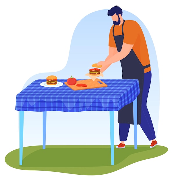 Un Jeune Homme Cuisine Des Vacances De Barbecue De Viande Dans L'illustration Vectorielle De La Nature Sur Fond Blanc