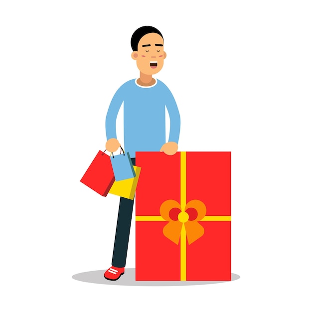 Vecteur jeune homme debout avec des achats et vecteur de personnage de dessin animé énorme boîte cadeau rouge illustration isolé sur fond blanc
