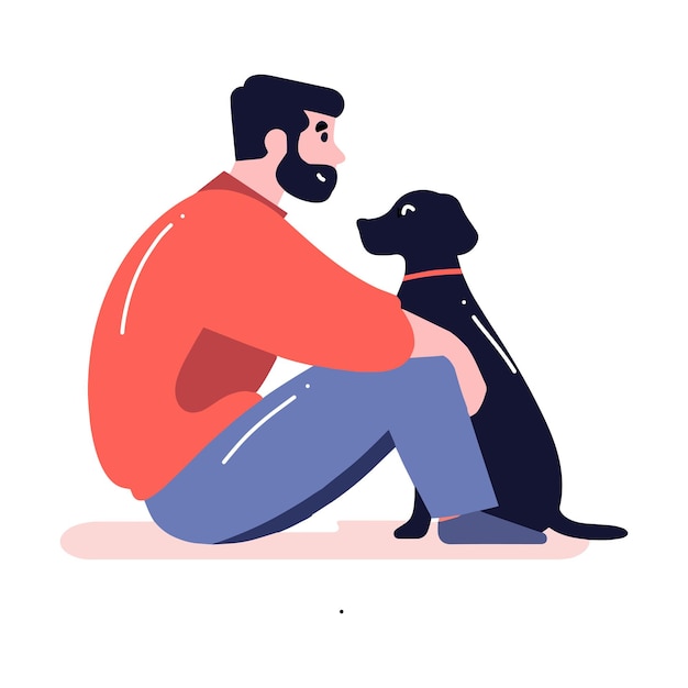 Jeune homme dessiné à la main avec un chien dans un style plat