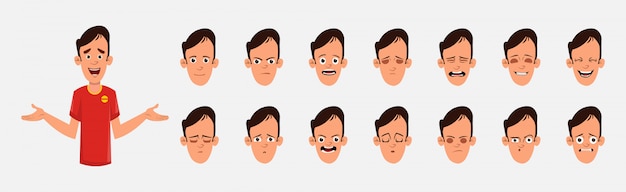 Jeune Homme Avec Diverses émotions Au Visage Et Synchronisation Labiale. Personnage Pour L'animation Personnalisée.