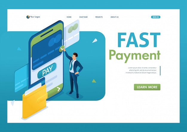 Jeune Homme Effectue Un Paiement En Ligne Via Une Application Mobile. Concept De Paiement Rapide. Isométrique 3d. Concepts De Pages De Destination Et Conception De Sites Web