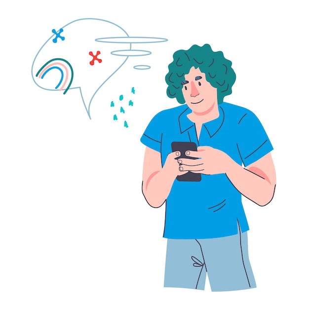 Jeune Homme Envoyant Un Message Au Chat Mobile à L'aide De Téléphone, Illustration De Vecteur De Dessin Animé Isolé Sur Fond Blanc. Mec Moderne Utilisant Un Smartphone. Communication Internet Et Chat Virtuel.