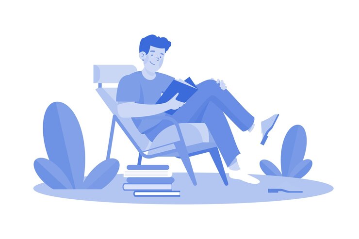 Vecteur un jeune homme est assis dans un fauteuil et lit un livre