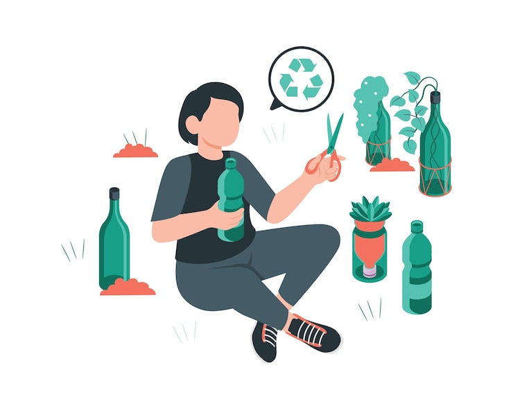 Vecteur un jeune homme fabrique de l'artisanat à partir de déchets plastiques illustration de conception de style plat pour la durabilité