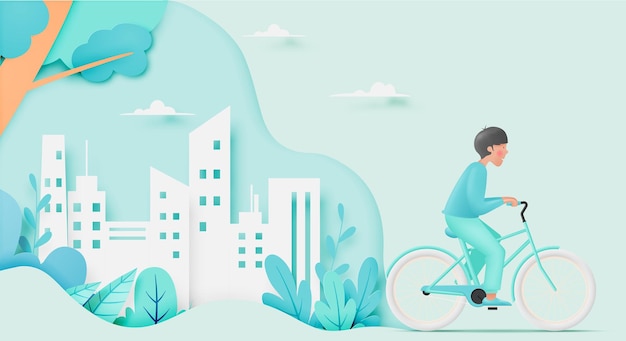 Jeune homme faire du vélo pour la journée mondiale du vélo et la journée sans voiture dans le schéma de couleurs pastel concept art illustration vectorielle