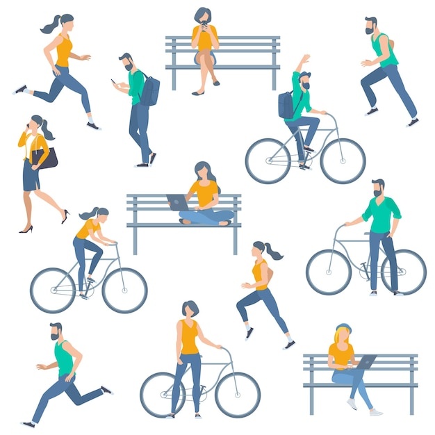 Jeune homme femme activités de plein air en cours d'exécution marche à vélo assis bavarder lecture dans le parc sur le banc concept d'illustration vectorielle design plat pour la présentation du site web mobil