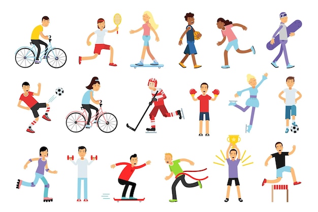 Jeune homme et femme énergiques faisant de l'activité sportive Set d'illustrations vectorielles