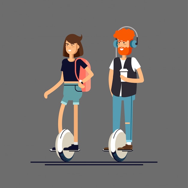 Vecteur jeune homme et femme sur roue mono scooter électrique