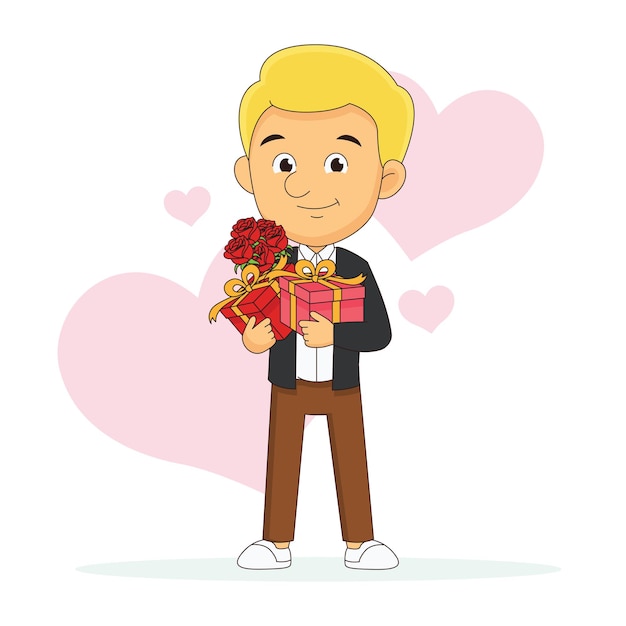 Vecteur jeune homme avec des fleurs et un cadeau attend l'amant