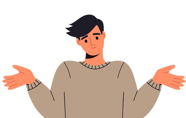 Le jeune homme hausse les épaules montre un geste impuissant et écarte ses mains oops désolé je ne sais pas vecteur plat