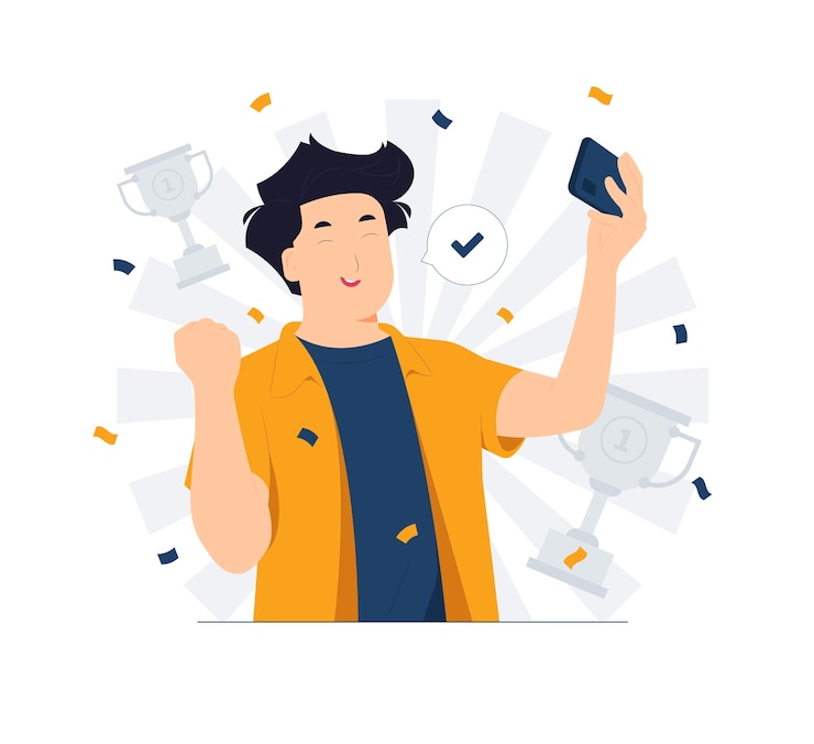 Vecteur jeune homme heureux excité faisant le geste du gagnant célébrant la victoire en serrant les poings et dire oui illustration de concept