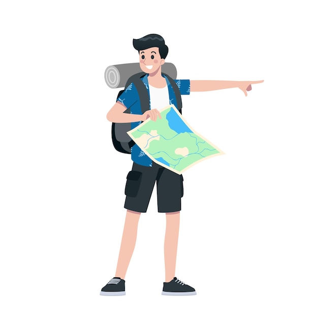 Jeune homme heureux personnage de dessin animé plat touristique Voyager des hommes en voyage de vacances d'été Isolé sur fond blanc