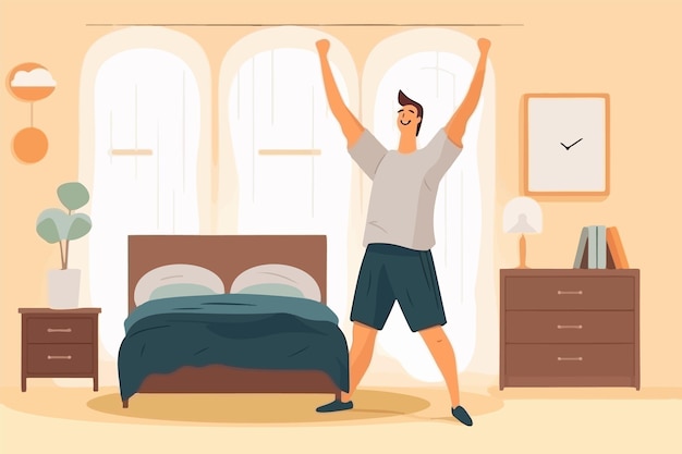 Un jeune homme heureux s'étire dans sa chambre après s'être réveillé Il est souriant et excité de commencer sa journée en faisant de la gymnastique matinale au lit Illustration vectorielle