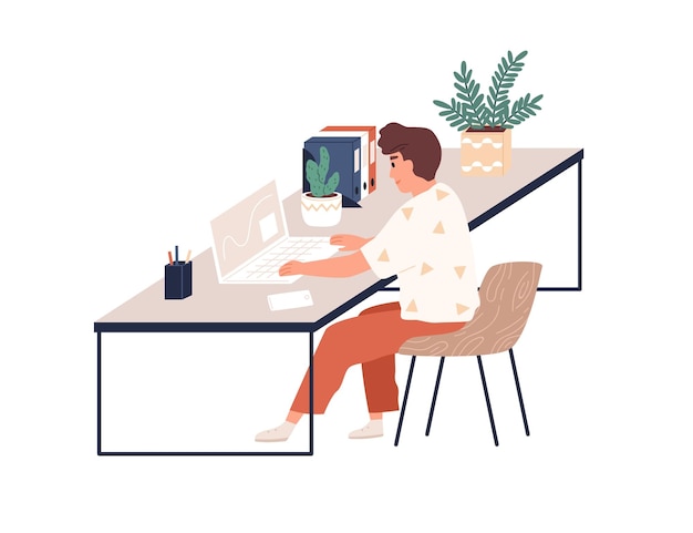 Jeune homme heureux travaillant avec un ordinateur portable au bureau. Employé de bureau assis sur une chaise à table. Scène avec un employé sur un lieu de travail moderne avec des plantes. Illustration de vecteur plat coloré isolé sur fond blanc