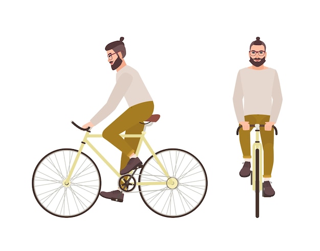 Vecteur jeune homme hipster ou personnage de dessin animé masculin avec une coiffure à la mode et une barbe à vélo. guy élégant pédalant vélo urbain isolé sur une surface blanche
