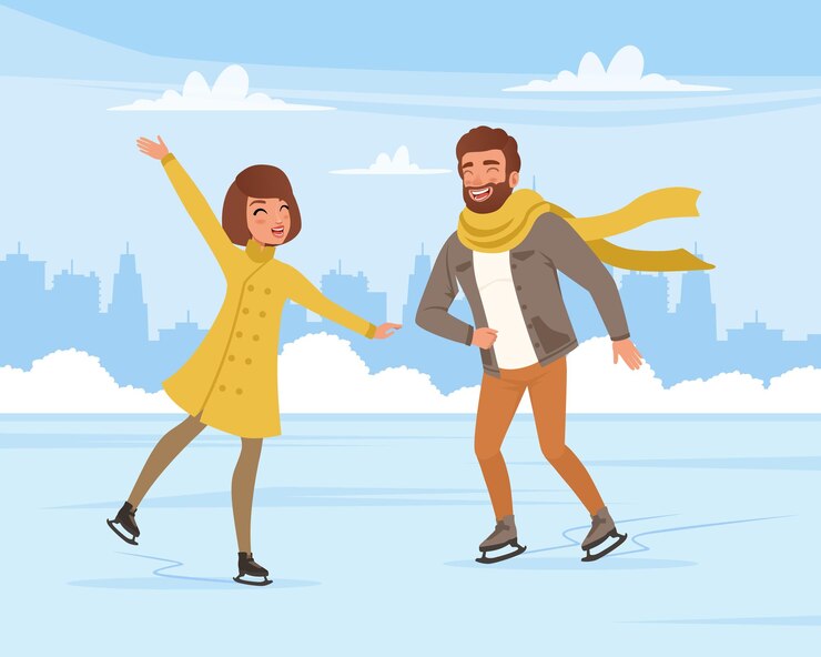 Vecteur un jeune homme et une jeune femme patinent sur glace sur une patinoire avec un paysage urbain en arrière-plan.