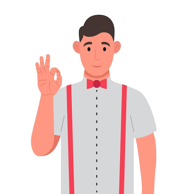 Jeune homme montrant un geste ok L'homme heureux exprime ses émotions positives Illustration vectorielle