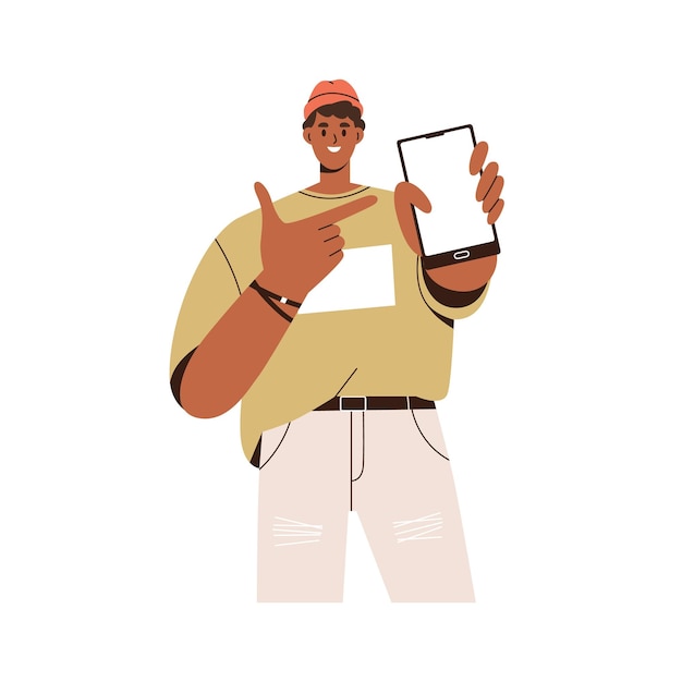 Vecteur un jeune homme montre un écran de téléphone vierge, une application mobile publicitaire. un gars heureux pointe sur l'écran du smartphone pour la publicité d'applications en ligne. illustration de vecteur graphique plat isolé sur fond blanc