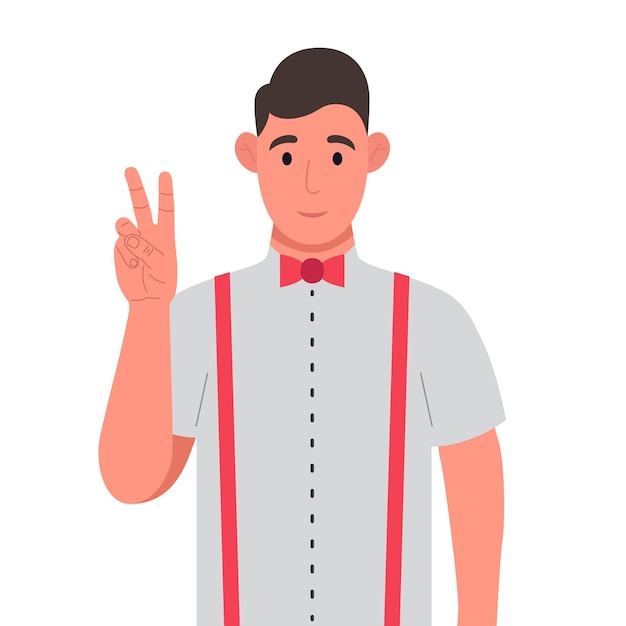 Jeune homme montre un geste de victoire Un signe de succès et de paix Illustration vectorielle