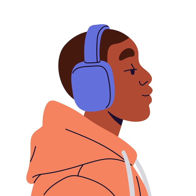 Jeune homme noir écoutant de la musique avec des écouteurs Portrait de type détendu vue latérale Profil d'utilisateur avatar masculin Garçon avec un casque sur la tête Visage calme Illustration vectorielle isolée plate sur fond blanc