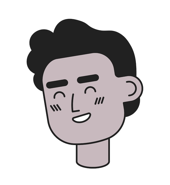 Jeune homme noir souriant avec les yeux fermés illustration d'avatar vectoriel 2D noir et blanc garçon afro-américain contour visage de personnage de dessin animé isolé Contenu rire portrait d'image de profil d'utilisateur plat
