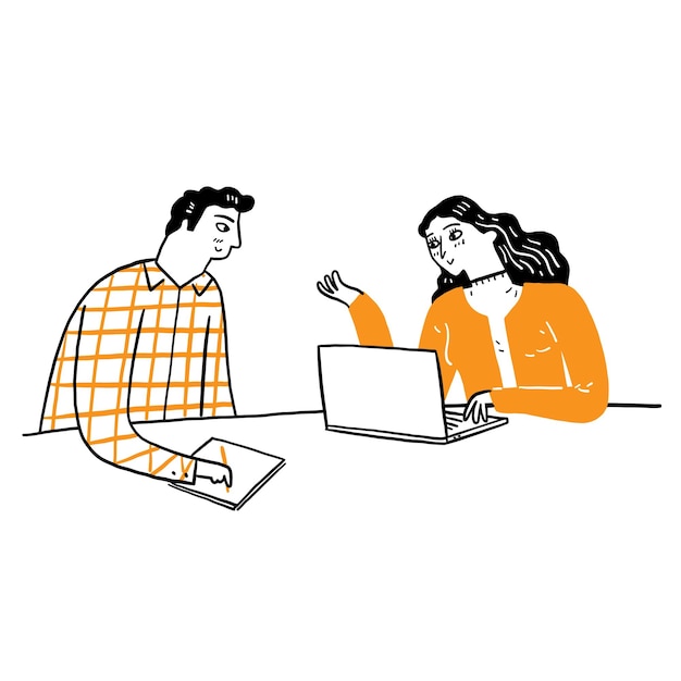 Vecteur jeune homme parlant ou discutant avec une jeune femme avec un ordinateur portable