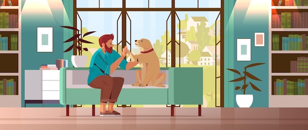 Jeune Homme, Passer Du Temps Avec Chien Propriétaire Mâle Et Mignon Animal Domestique Amitié Avec Concept Animal De Compagnie Salon Intérieur Horizontal Pleine Longueur Illustration Vectorielle