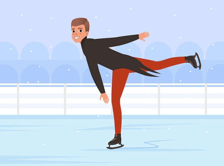 Vecteur un jeune homme patine sur glace sur une patinoire avec un paysage urbain en arrière-plan illustration vectorielle de la scène
