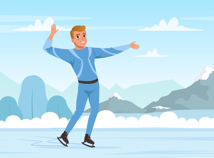 Vecteur un jeune homme patine sur glace sur une patinoire avec une scène de fond de montagne illustration vectorielle