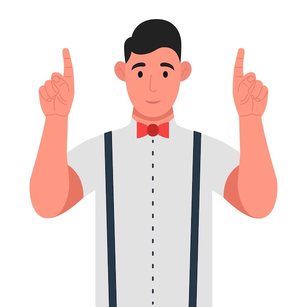 Jeune homme pointant les doigts vers le haut en se tenant debout et souriant Pointant l'espace de copie Illustration vectorielle