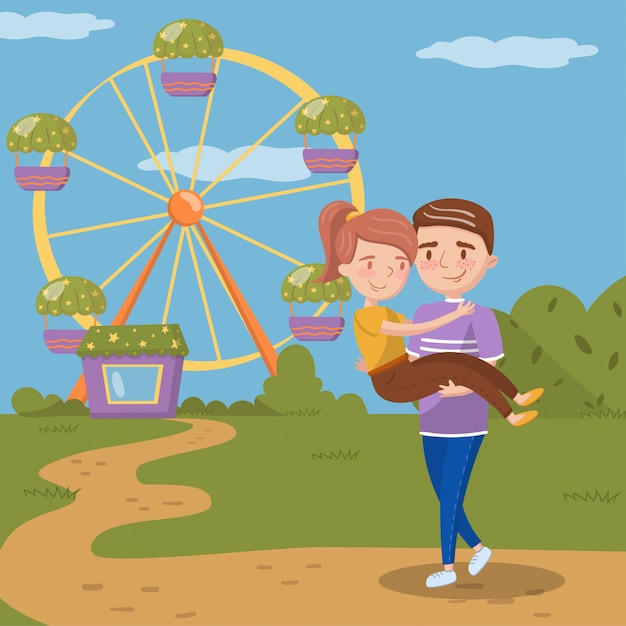 Vecteur jeune homme portant une femme sur les mains, un couple heureux datant devant la grande roue dans le parc d'attractions illustration