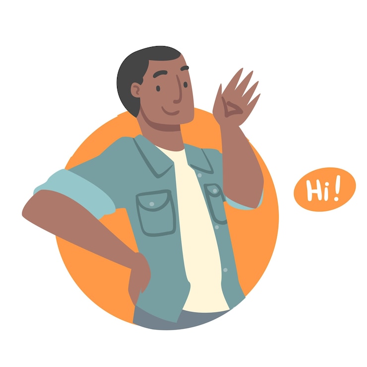 Vecteur jeune homme qui dit bonjour et montre la main geste de salut illustration vectorielle
