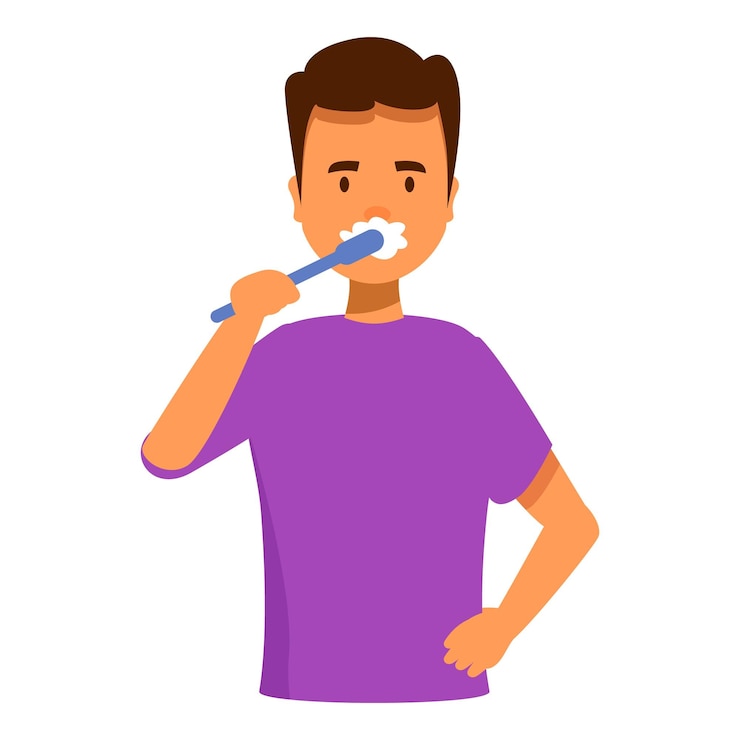 Vecteur un jeune homme se brosse les dents avec une brosse à dents et du dentifrice