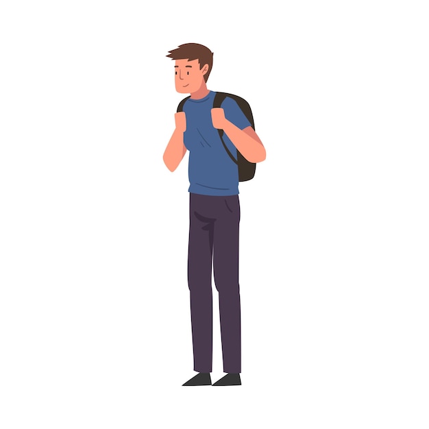 Un jeune homme souriant debout avec un sac à dos Un personnage de touriste masculin Illustration vectorielle