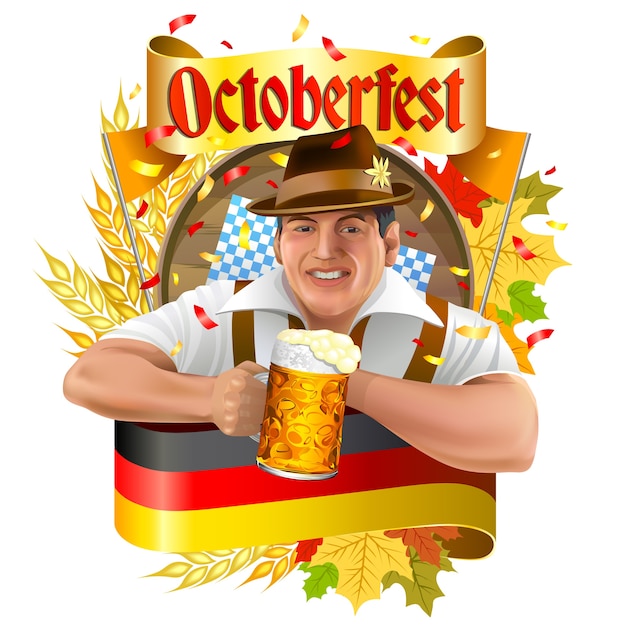 Vecteur jeune homme souriant avec une tasse de bière, étiquette oktoberfest avec bannière de ruban, épis de blé