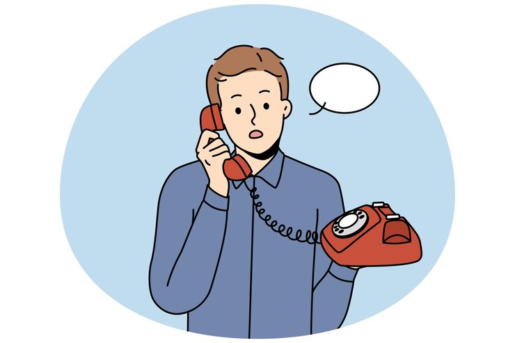 Un jeune homme stupéfait parle au téléphone fixe.