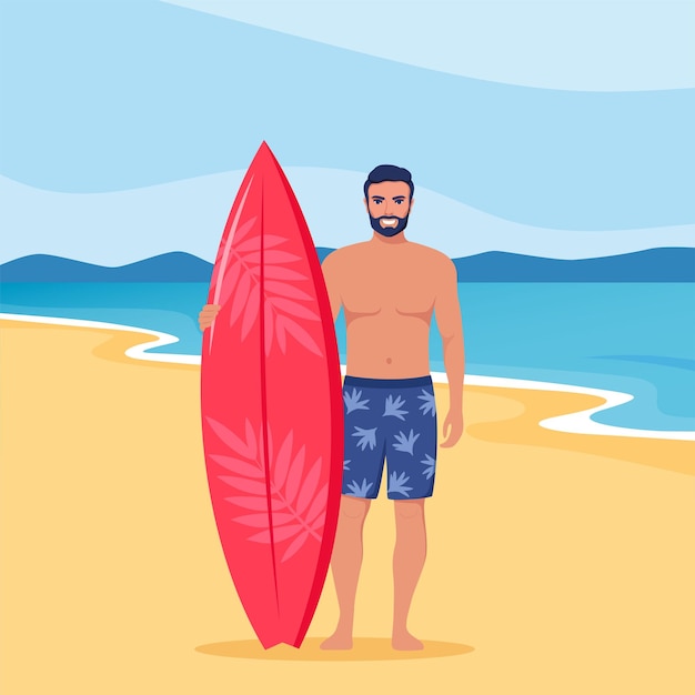 Jeune Homme Surfeur Avec Planche De Surf Debout Sur La Plage Souriant Surfeur Gars Illustration Vectorielle