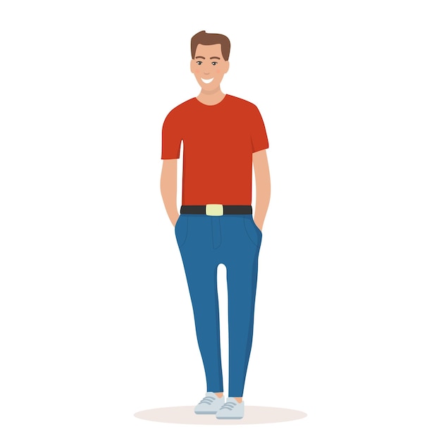 Jeune homme en t-shirt et pantalon debout avec les mains dans les poches souriant Homme dans une pose détendue et de bonne humeur Illustration vectorielle plane