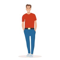 Jeune homme en t-shirt et pantalon debout avec les mains dans les poches souriant homme dans une pose détendue et de bonne humeur illustration vectorielle plane