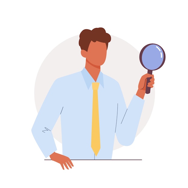 Jeune homme tenant une loupe et à la recherche de nouvelles équipes d'affaires idées opportunités employés ou stratégie