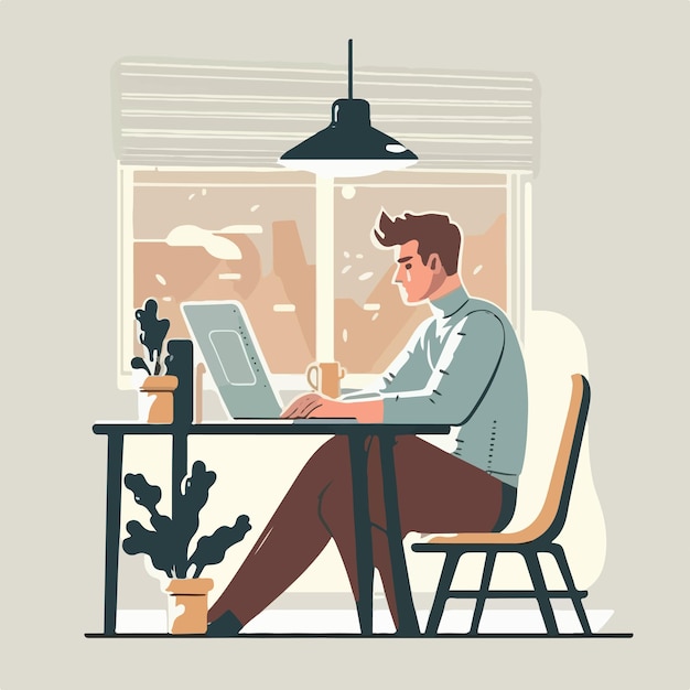 Jeune homme travaillant sur l'illustration vectorielle de dessin animé de bureau d'ordinateur