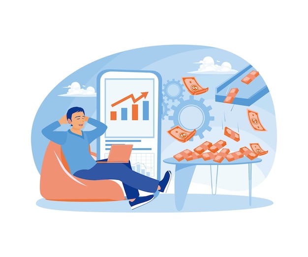 Jeune homme travaillant en ligne Gagnez de l'argent sur Internet Concept de revenu passif Illustration vectorielle plate