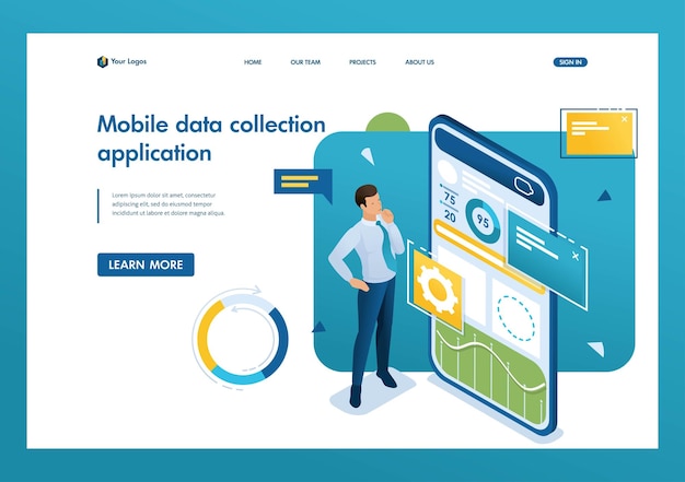 Jeune homme travaille sur une application mobile pour la collecte et l'analyse de données Travail de concept avec graphique Recherche 3d isométrique Concepts de page de destination et conception de sites Web