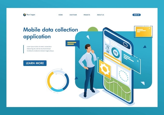 Jeune Homme Travaille Sur Une Application Mobile Pour La Collecte Et L'analyse De Données Travail De Concept Avec Graphique Recherche 3d Isométrique Concepts De Page De Destination Et Conception De Sites Web
