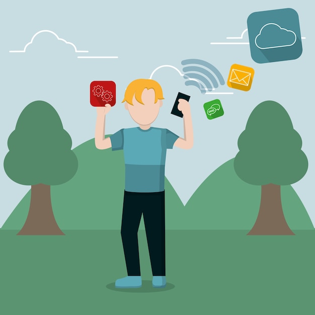 Jeune homme en utilisant des applications de smartphone au parc